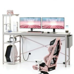 Bestier Gaming Desk LED Lights Storage Shelves Black Pink-0