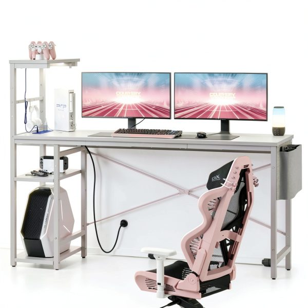 Bestier Gaming Desk LED Lights Storage Shelves Black Pink-0