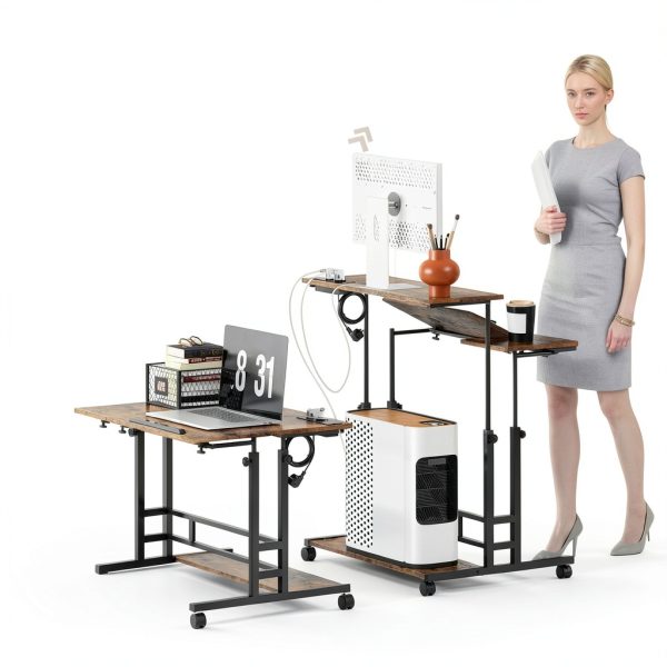 Homcom Standing Desk Adjustable Height Power Outlets Wheels-3