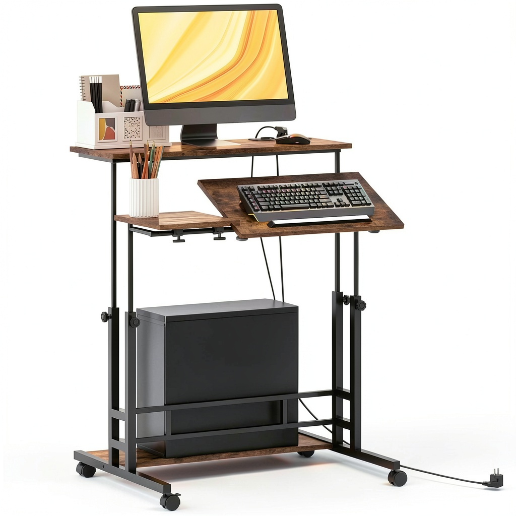 Homcom standing desk in a home office setting with adjustable height and power outlets