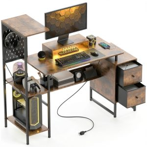 Homcom Gaming Desk with Charging Hub LED Lights Rustic Brown-0