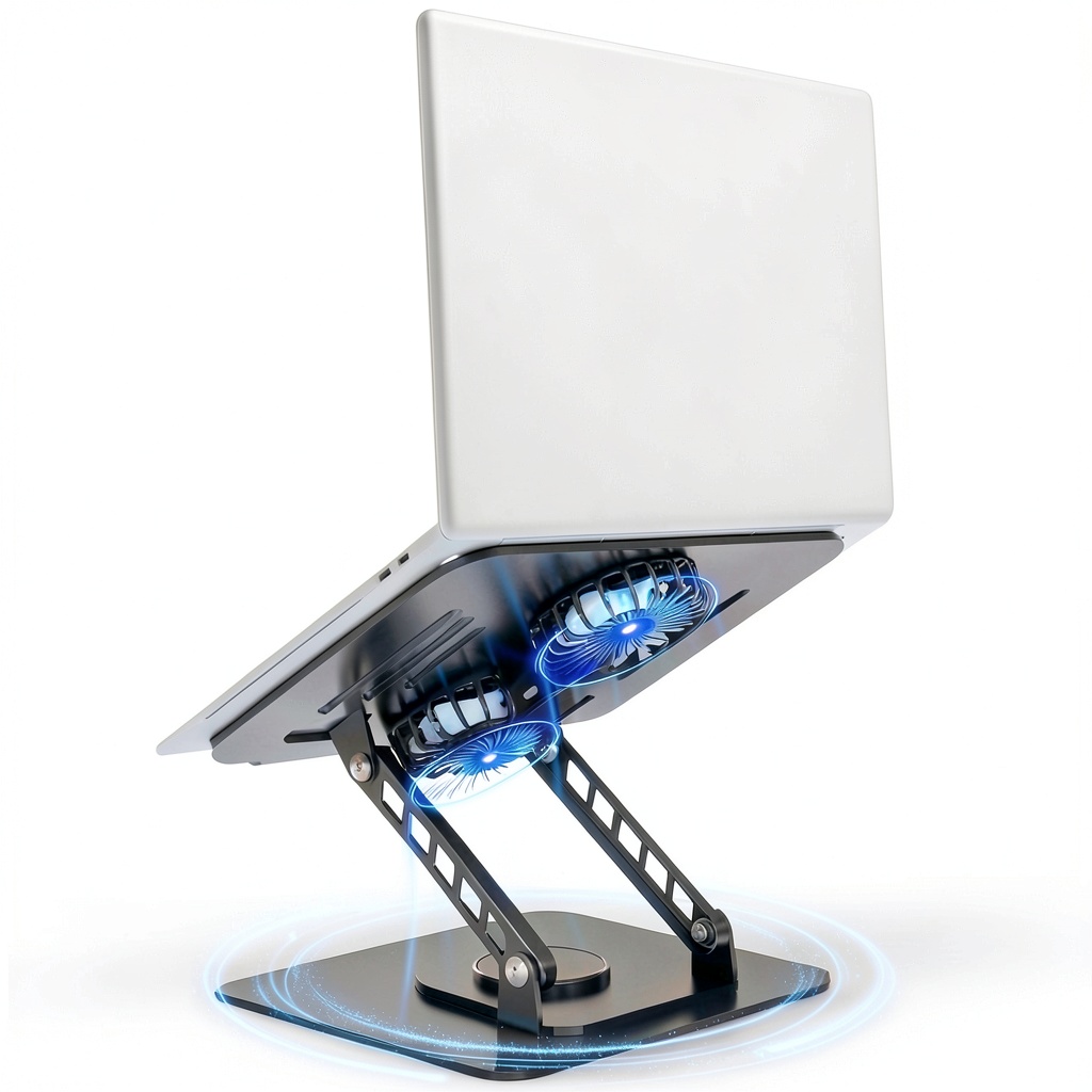 Laptop stand in use on a modern desk with adjustable height and swivel features