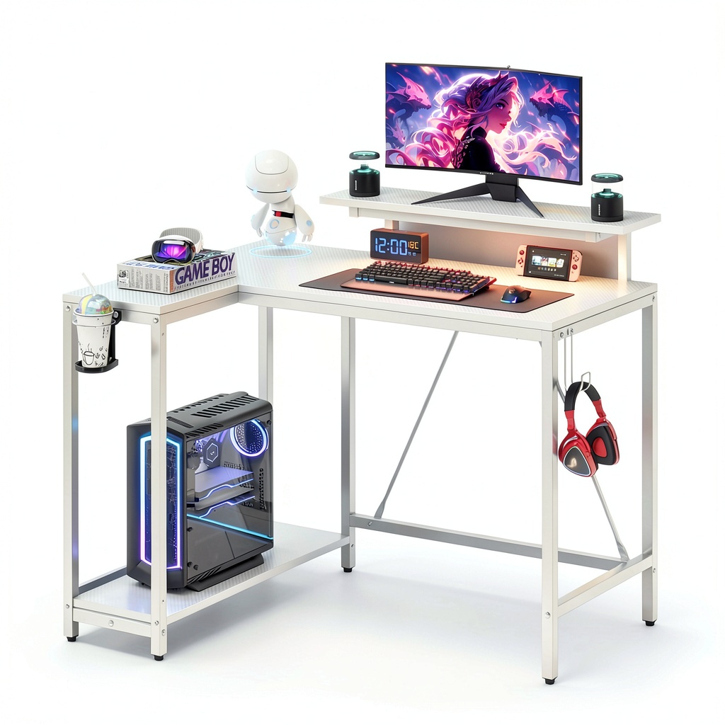 Pinmoco L-shaped desk with RGB lighting in a home office setting